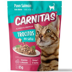 Alimento húmedo para gato CARNITAS premium con sabor a Pavo - Salmón con trocitos en salsa. - MIMMA