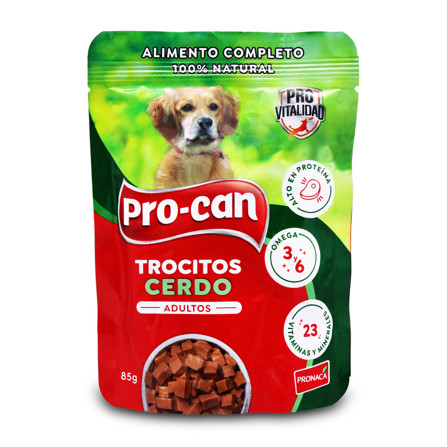 Alimento húmedo para perros 100% natural con trocitos jugosos de CERDO; 85 gr. | PRO-CAN