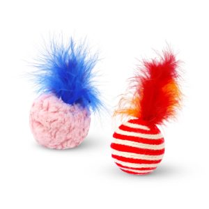 Juguete para gato con una pelota tipo peluche con plumas y otra pelota tejida más rígida con plumas suaves; pack x 2 | VANDER PET