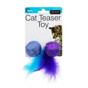 Juguete para gato de 3.5 cm tipo pelota suave con sonido tipo maracas con decoración en su punta con plumas de colores | TINYS