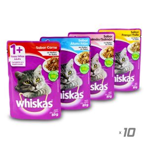Pack de alimento húmedo para gatos de sabores: CARNE, POLLO, ATÚN Y SALMÓN. - WHISKAS