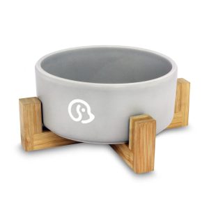 Plato para perro cerámico de 15.5 cm con base de bambú. Ideal para colocar en el croquetas, agua u otro tipo de alimento | VIDA DE PERRO