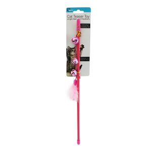 Juguete para gato de 41 cm tipo varita con 1 tira elástica de 3 cascabeles y con una punta tipo moño de plumas suaves. - TINYS